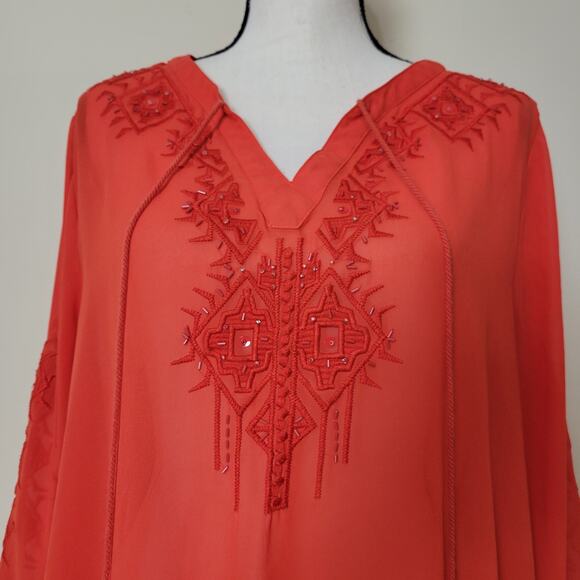 EUC Lane Bryant 18/20 Boho Peasant Beaded Embroidered Tasseled Sheer Blouse - Picture 2 of 15